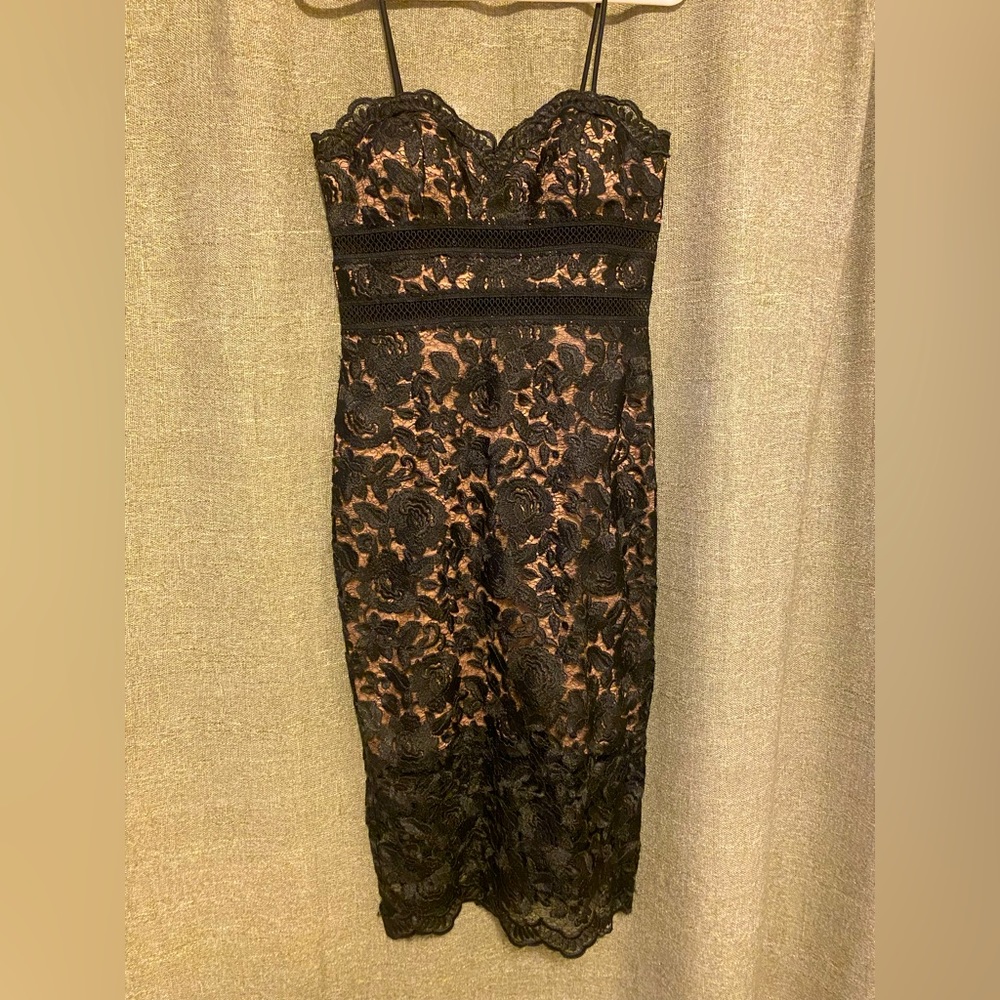 Fitted Midi Little Black Dress Lace Size S